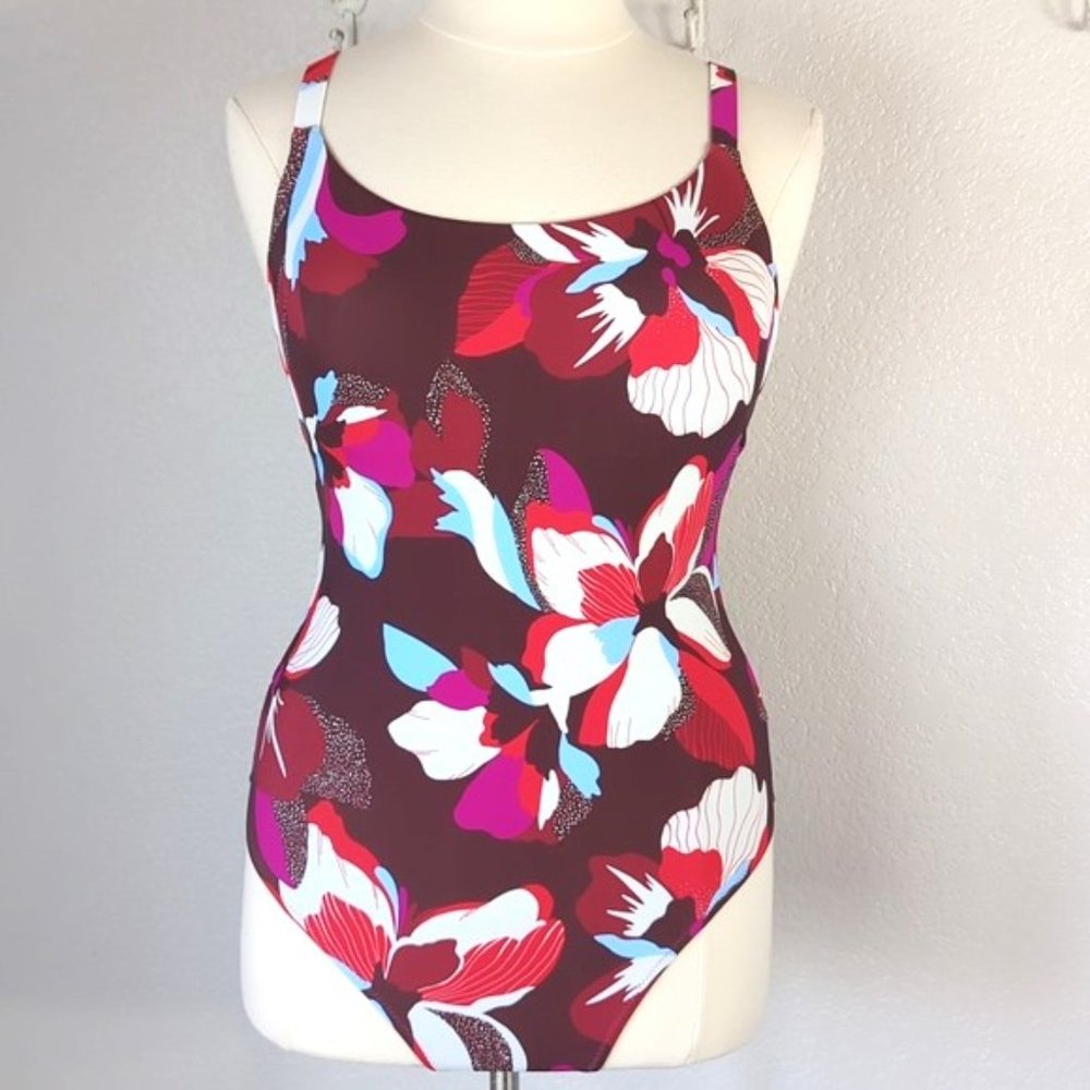Athleta Size L One Piece Backless Swimsuit Hibiscus Print Lined Shelf Bra